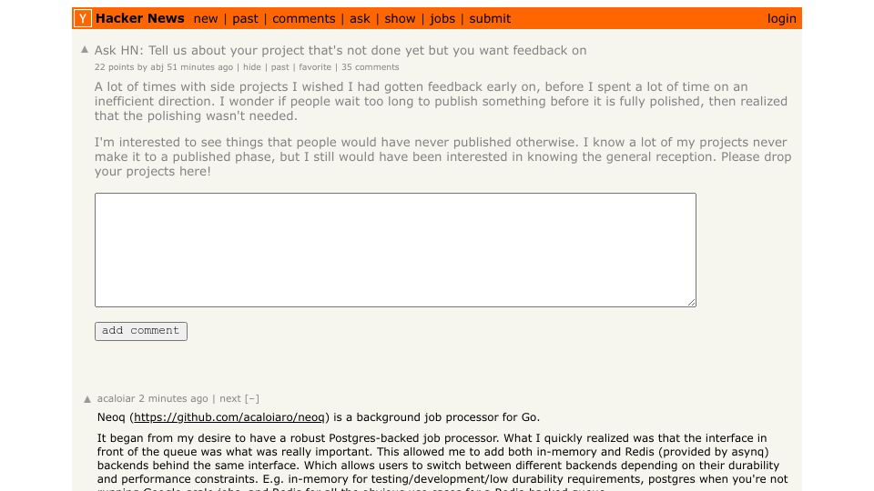 Screenshot of Hacker News post: Ask HN: Tell us about your project that's not done yet but you want feedback on