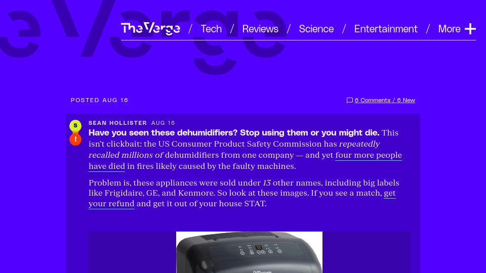 Screenshot of theverge.com: 1.56M dehumidifiers recalled due to fire and burn hazards