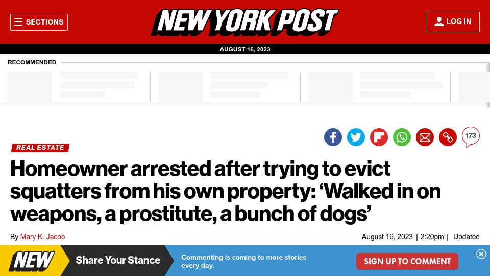 Screenshot of nypost.com: Homeowner arrested after trying to evict squatters from his own property