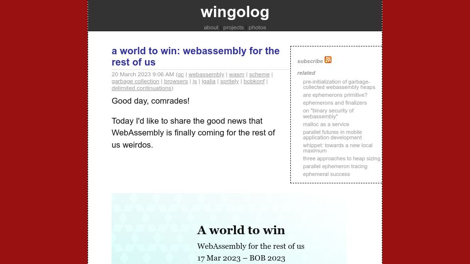 Screenshot of wingolog.org: A world to win: WebAssembly for the rest of us