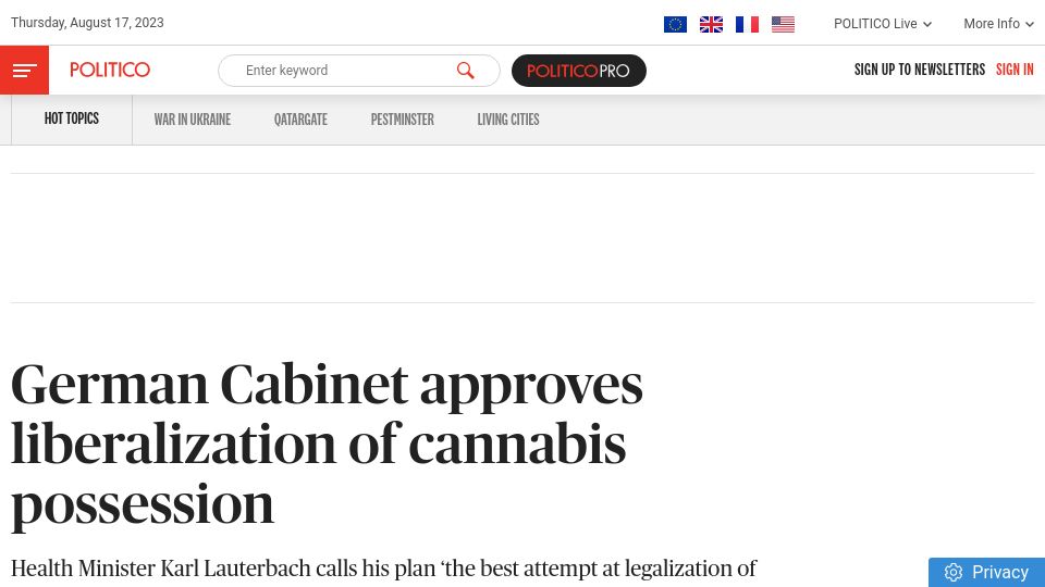 Screenshot of politico.eu: German Cabinet approves liberalization of Cannabis Possession