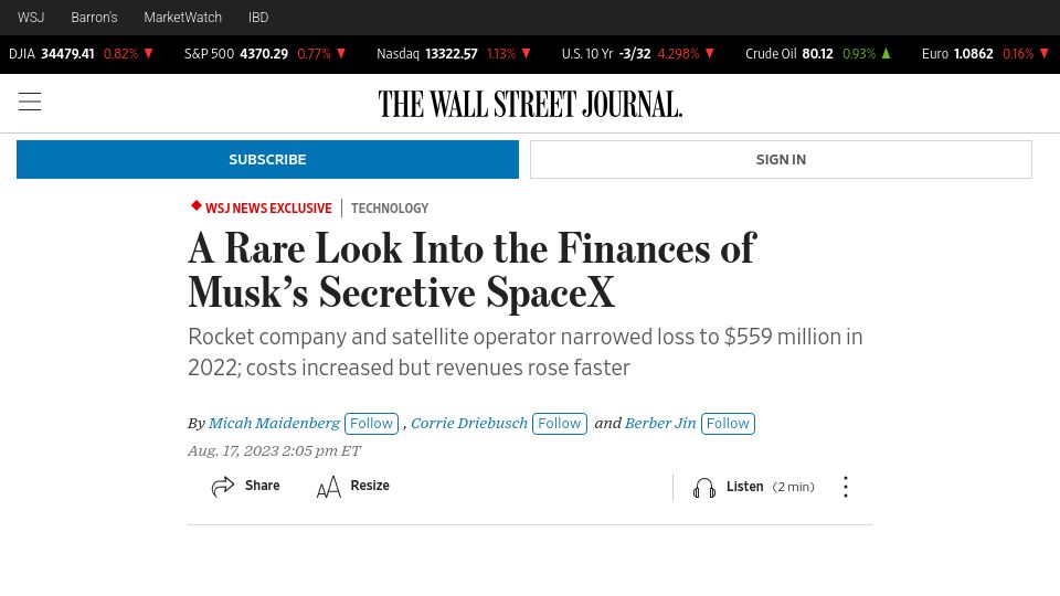 Screenshot of wsj.com: A look into the finances of SpaceX