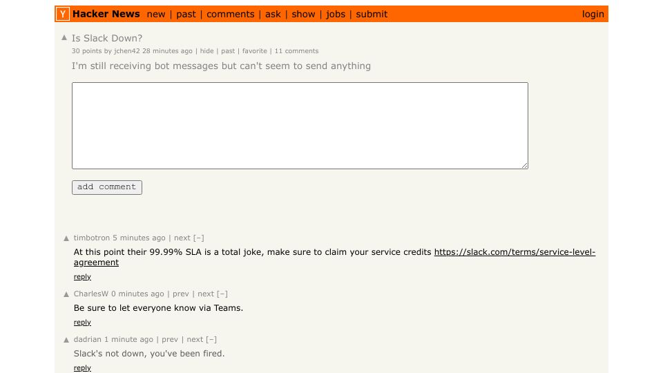 Screenshot of Hacker News post: Is Slack Down?