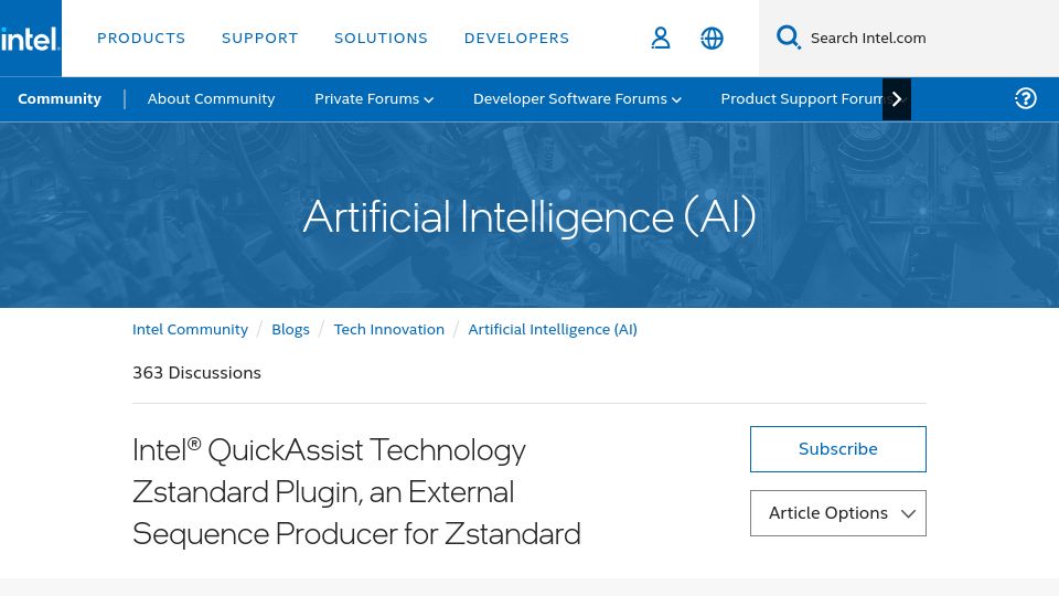 Screenshot of community.intel.com: Intel QuickAssist Technology Zstandard Plugin for Zstandard