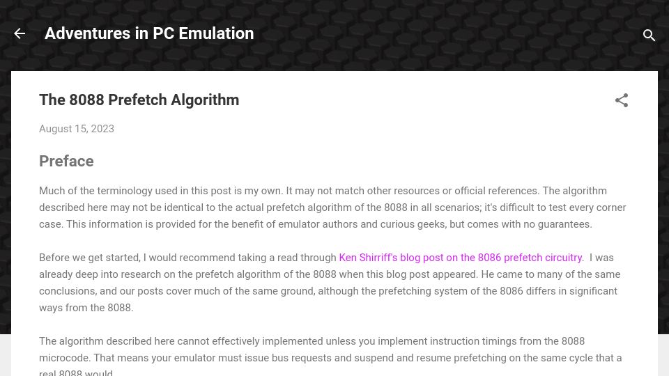 Screenshot of martypc.blogspot.com: The 8088 Prefetch Algorithm