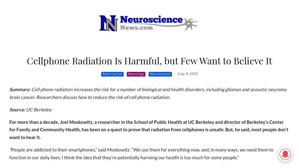 Screenshot of neurosciencenews.com: Cellphone Radiation Is Harmful, but Few Want to Believe It