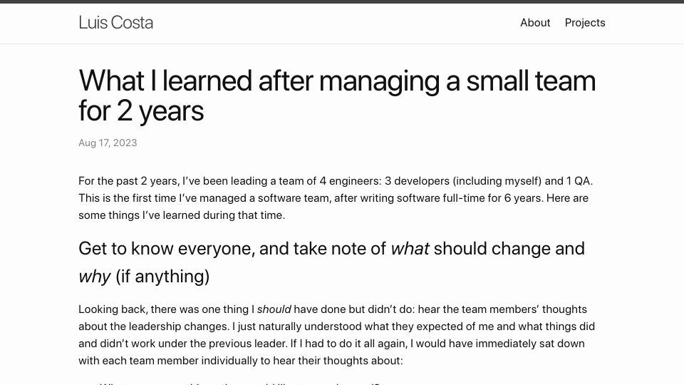 Screenshot of luispcosta.com: What I learned after managing a small team for 2 years