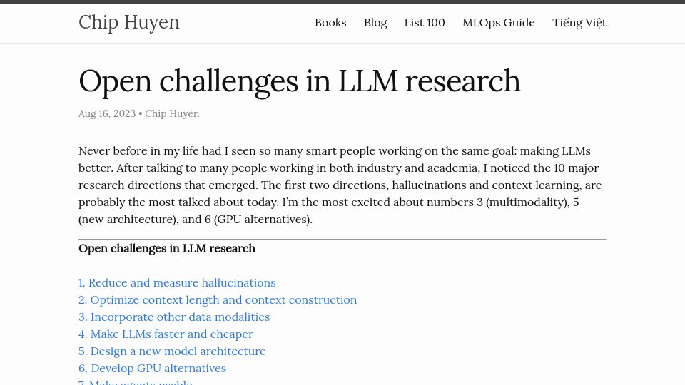 Screenshot of huyenchip.com: Open Challenges in LLM Research