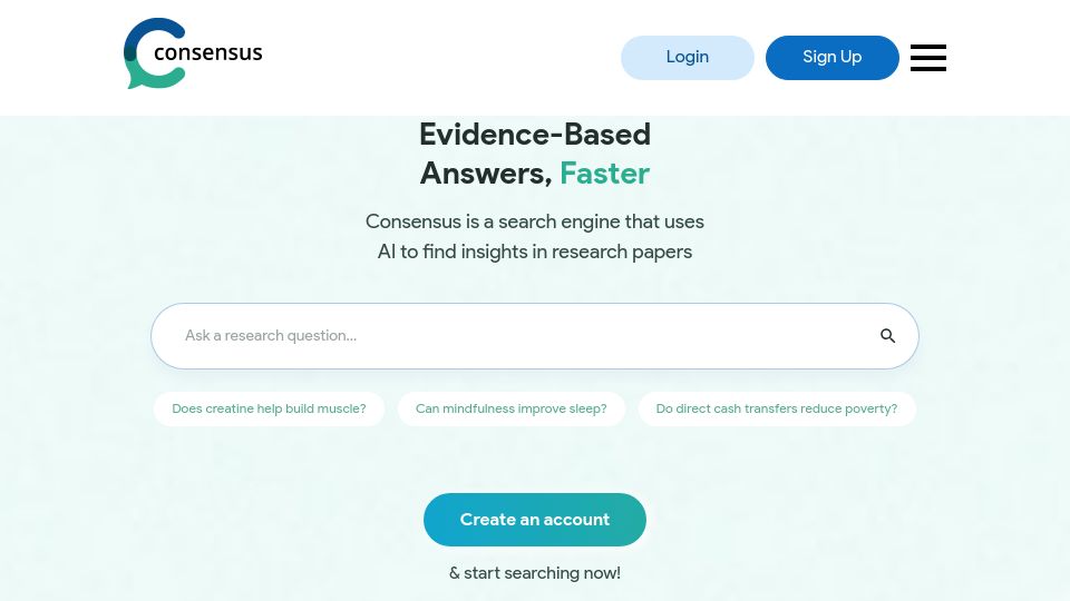 Screenshot of consensus.app: Consensus: Use AI to find insights in research papers