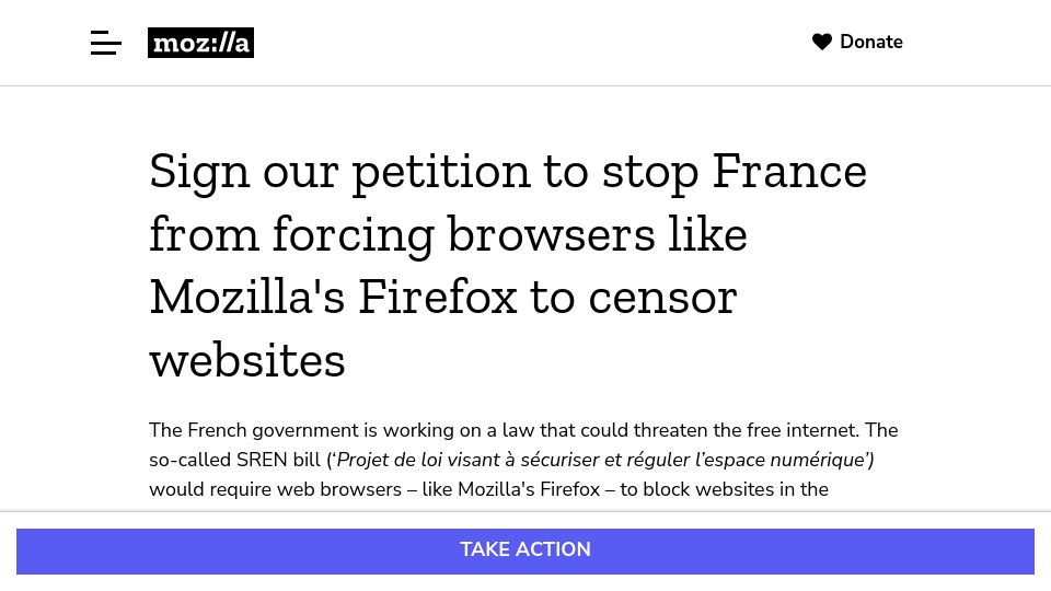 Screenshot of foundation.mozilla.org: Petition to stop France from forcing browsers like Firefox to censor websites