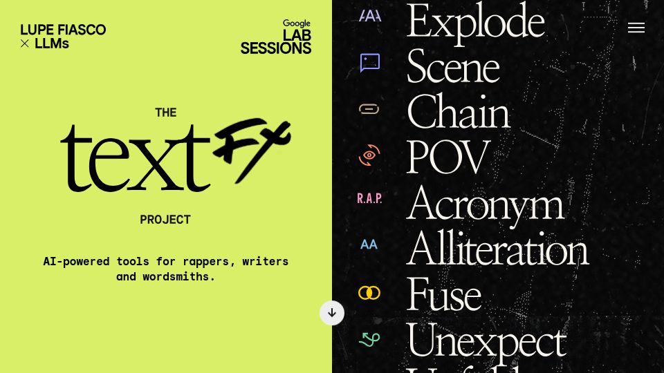 Screenshot of textfx.withgoogle.com: The TextFX Project