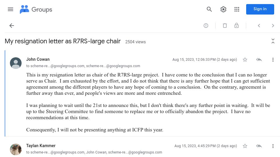 Screenshot of groups.google.com: My resignation letter as R7RS-large chair
