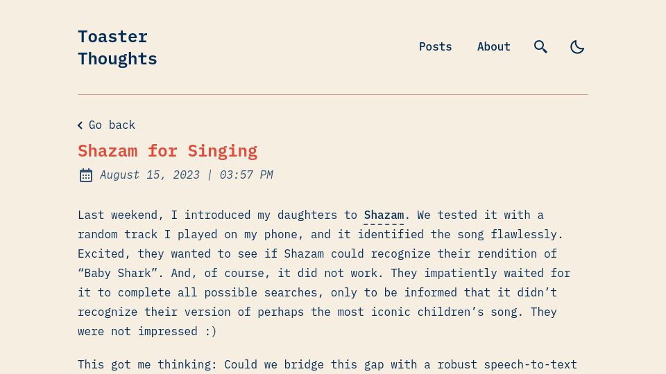 Screenshot of blog.toasterthoughts.eu: Shazam for singing