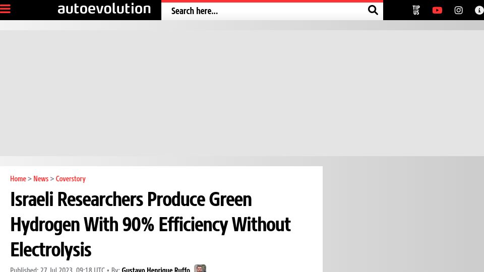 Screenshot of autoevolution.com: Israeli Researchers Produce Green Hydrogen with 90% Efficiency