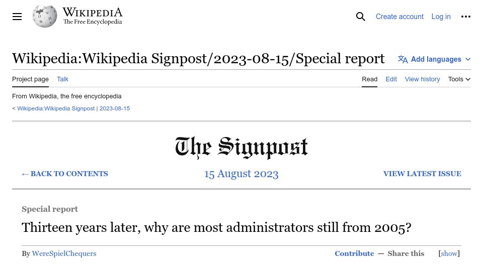 Screenshot of en.wikipedia.org: Thirteen years later, why are most administrators still from 2005?