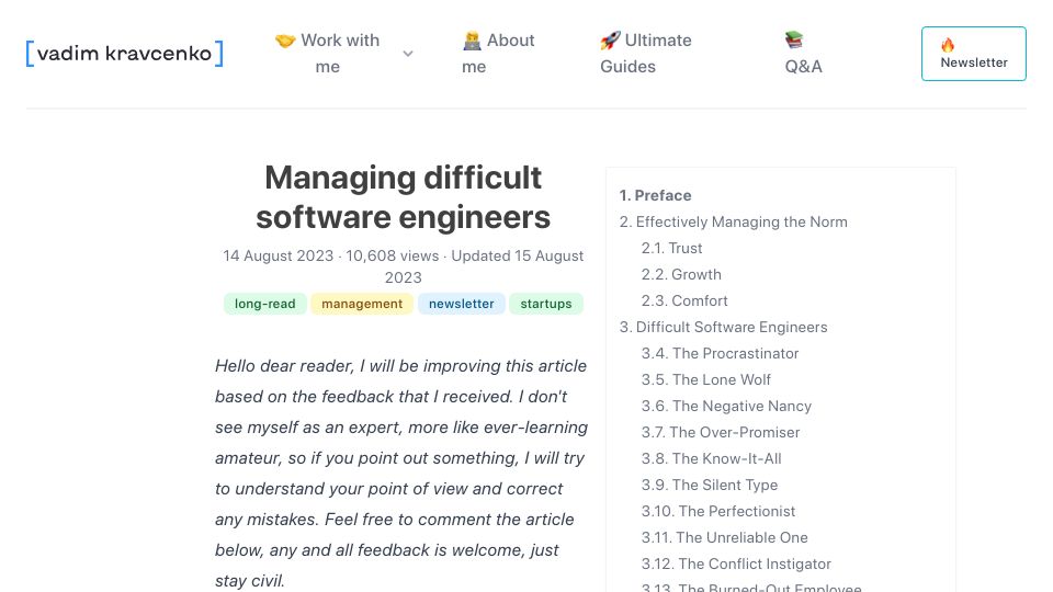 Screenshot of vadimkravcenko.com: Managing difficult software engineers