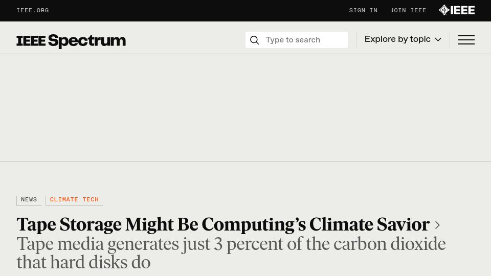 Screenshot of spectrum.ieee.org: Tape Storage Might Be Computing’s Climate Savior