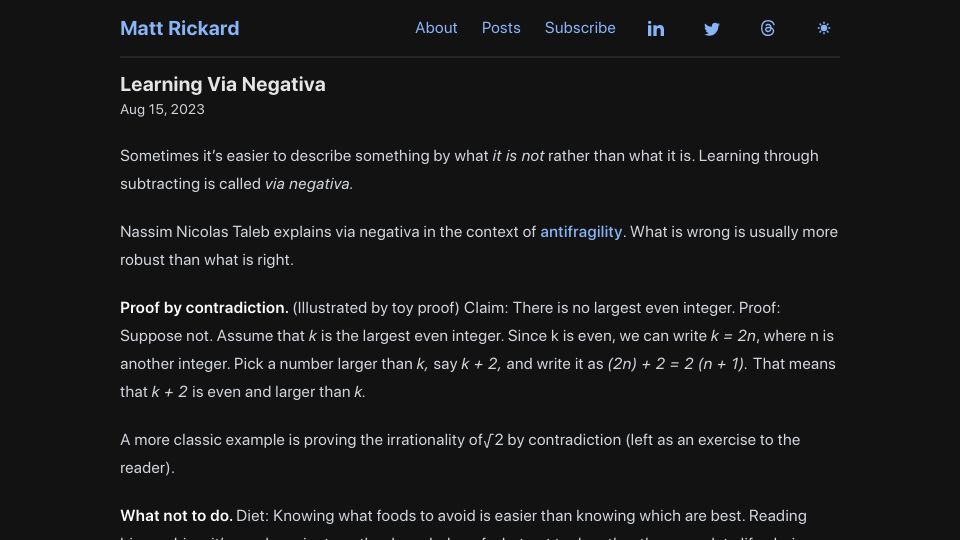 Screenshot of matt-rickard.com: Learning via Negativa