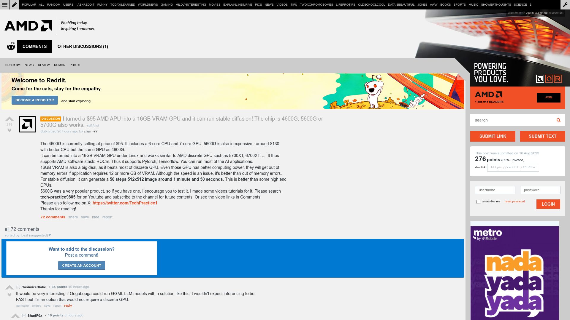 Screenshot of old.reddit.com: AMD Ryzen APU turned into a 16GB VRAM GPU and it can run Stable Diffusion