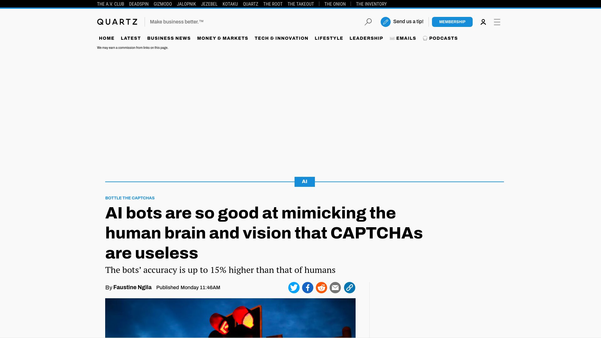 Screenshot of qz.com: AI bots are now better than humans at decoding CAPTCHAs