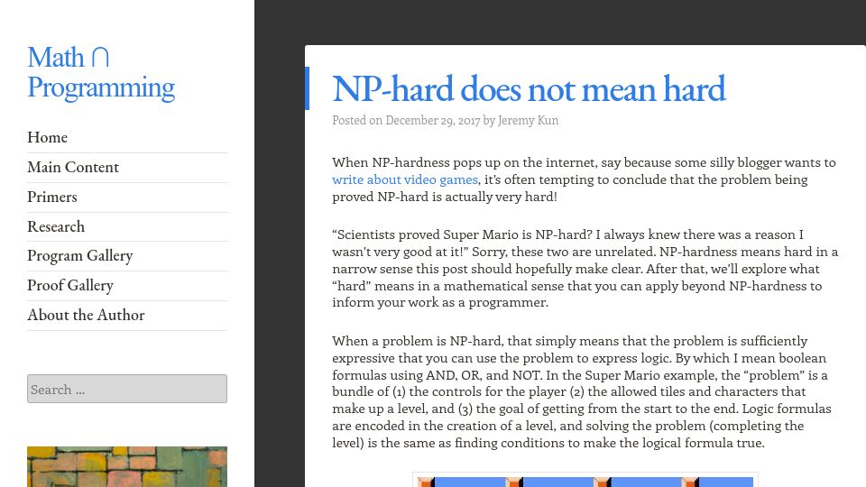 Screenshot of jeremykun.com: NP-hard does not mean hard (2017)