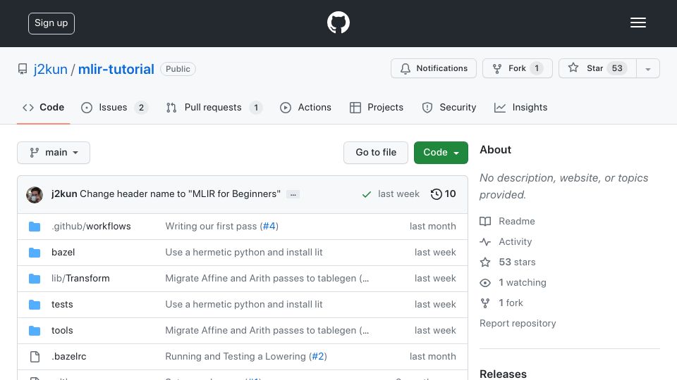 Screenshot of github.com: MLIR For Beginners: A series of articles on the MLIR framework