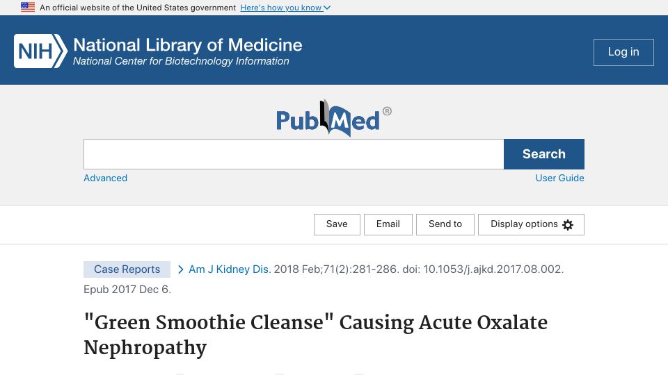 Screenshot of pubmed.ncbi.nlm.nih.gov: “Green smoothie cleanse” causing acute oxalate nephropathy