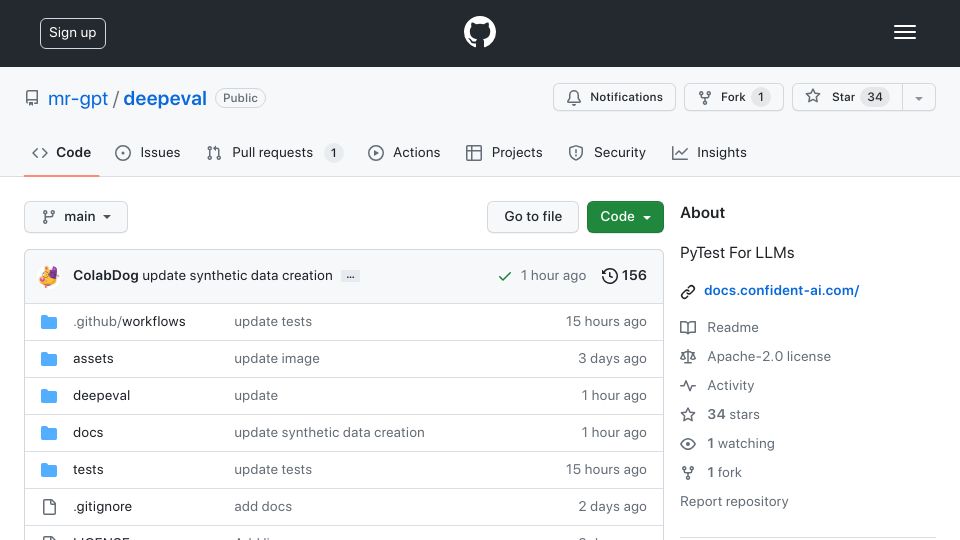 Screenshot of github.com: DeepEval – Unit Testing for LLMs