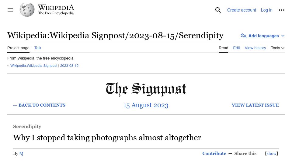 Screenshot of en.wikipedia.org: Why I stopped taking photographs almost altogether