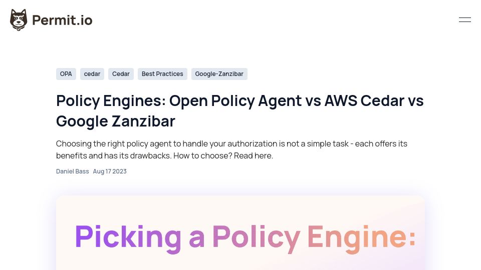 Screenshot of permit.io: Policy Engines: Open Policy Agent vs. AWS Cedar vs. Google Zanzibar