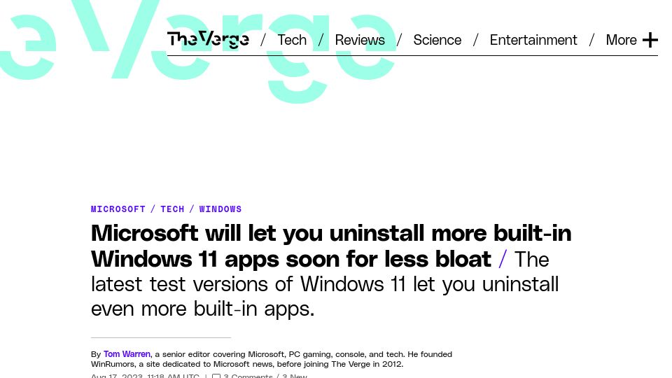 Screenshot of theverge.com: Microsoft will let you uninstall more built-in Win 11 apps soon for less bloat