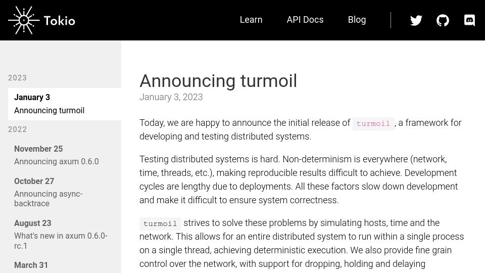 Screenshot of tokio.rs: Turmoil, a framework for developing and testing distributed systems