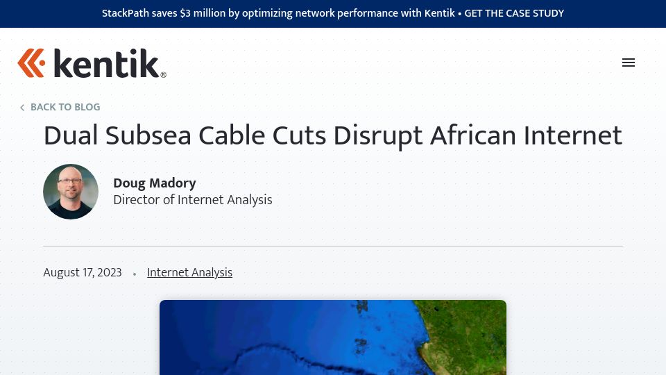 Screenshot of kentik.com: An underwater landslide knocked out two critical submarine cables serving Africa