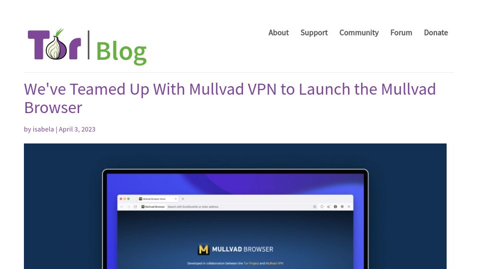 Screenshot of blog.torproject.org: Mullvad Browser