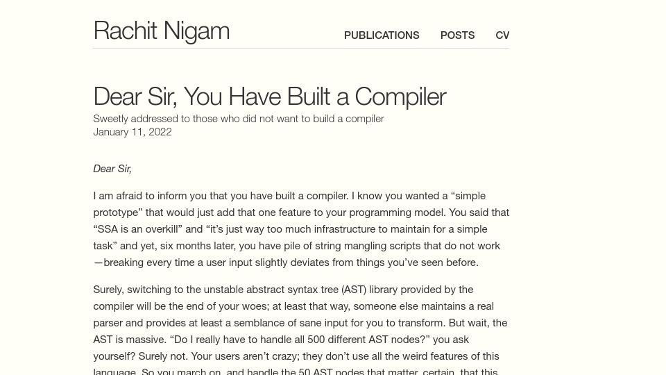 Screenshot of rachit.pl: I am afraid to inform you that you have built a compiler (2022)