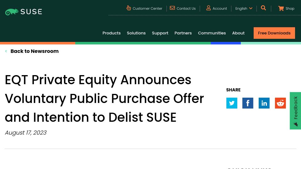 Screenshot of suse.com: SUSE to go private