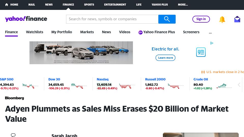 Screenshot of finance.yahoo.com: Adyen Plummets as Sales Miss Erases $20B of Market Value