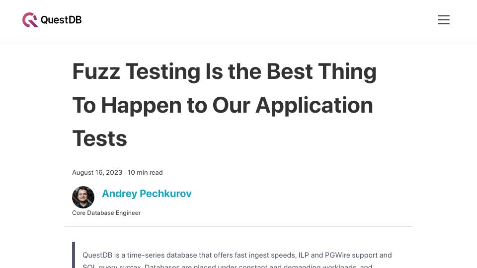 Screenshot of questdb.io: Fuzz testing: the best thing to happen to our application tests