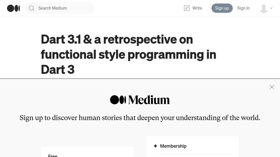 Screenshot of medium.com: Dart 3.1 and a retrospective on functional style programming in Dart