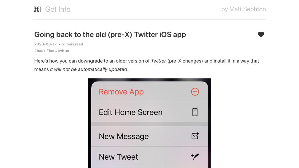 Screenshot of blog.gingerbeardman.com: Going back to the old (pre-X) Twitter iOS app