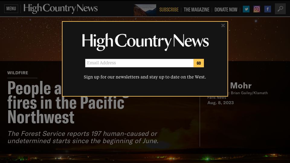 Screenshot of hcn.org: People are starting a lot of fires in the Pacific Northwest