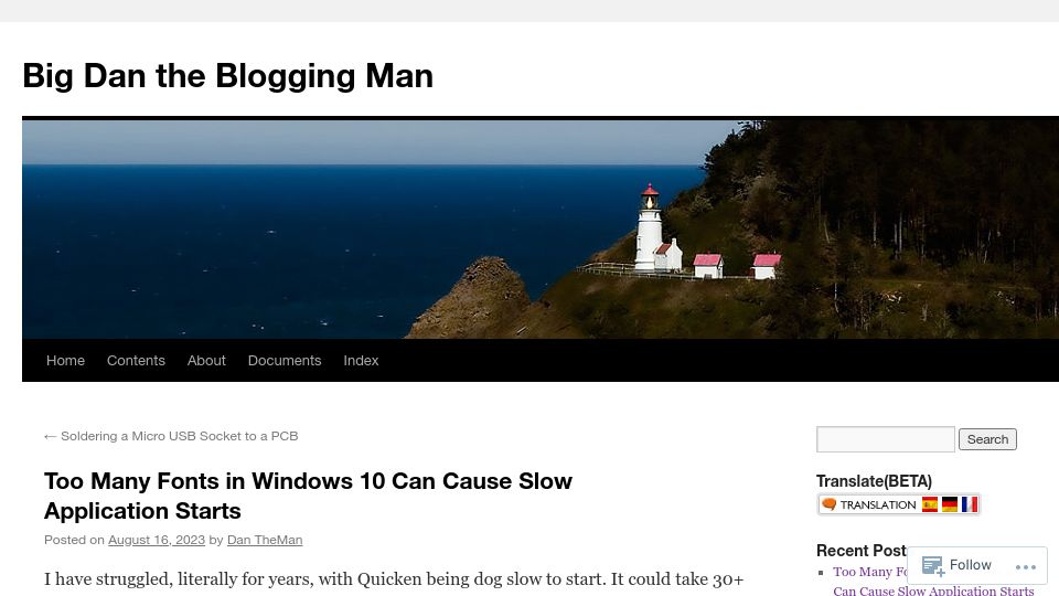 Screenshot of bigdanzblog.wordpress.com: Too many fonts in Windows 10 can cause slow application starts