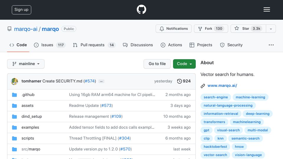 Screenshot of github.com: Show HN: Marqo – Vectorless Vector Search