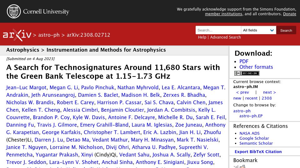 Screenshot of arxiv.org: A search for technosignatures around nearby stars
