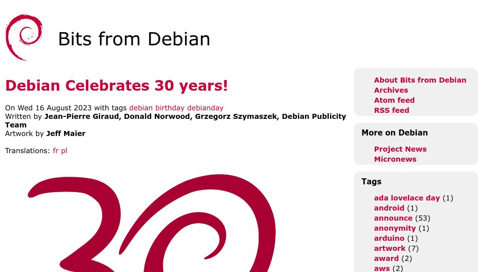 Screenshot of bits.debian.org: Debian celebrates 30 years