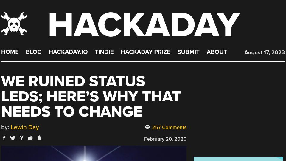 Screenshot of hackaday.com: We Ruined Status LEDs; Here’s Why That Needs to Change