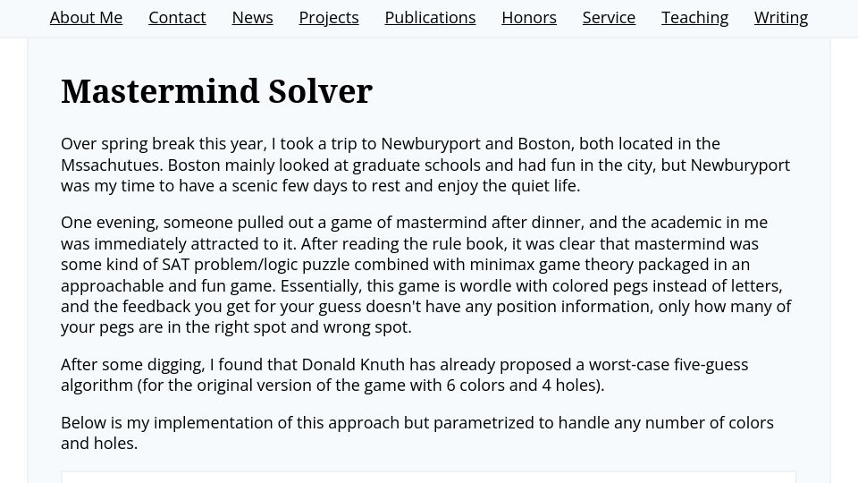 Screenshot of stefanabikaram.com: Mastermind Solver
