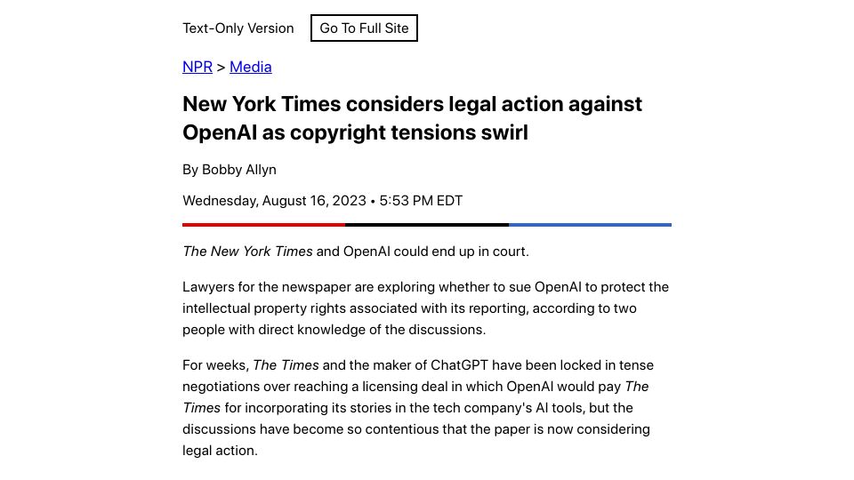 Screenshot of text.npr.org: New York Times considers legal action against OpenAI as copyright tensions swirl