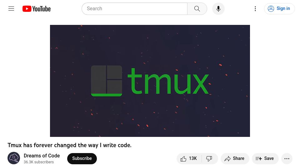 Screenshot of youtube.com: Tmux has forever changed the way I write code [video]