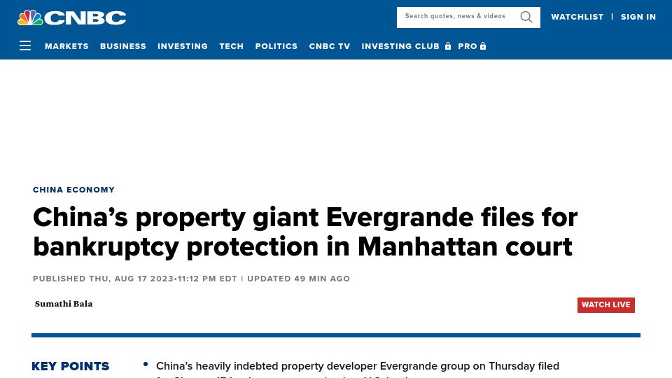 Screenshot of cnbc.com: China’s property giant Evergrande files for bankruptcy protection in Manhattan